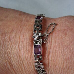 Vintage Sterling Silver 925 marcasite bracelet amethyst with safety chain